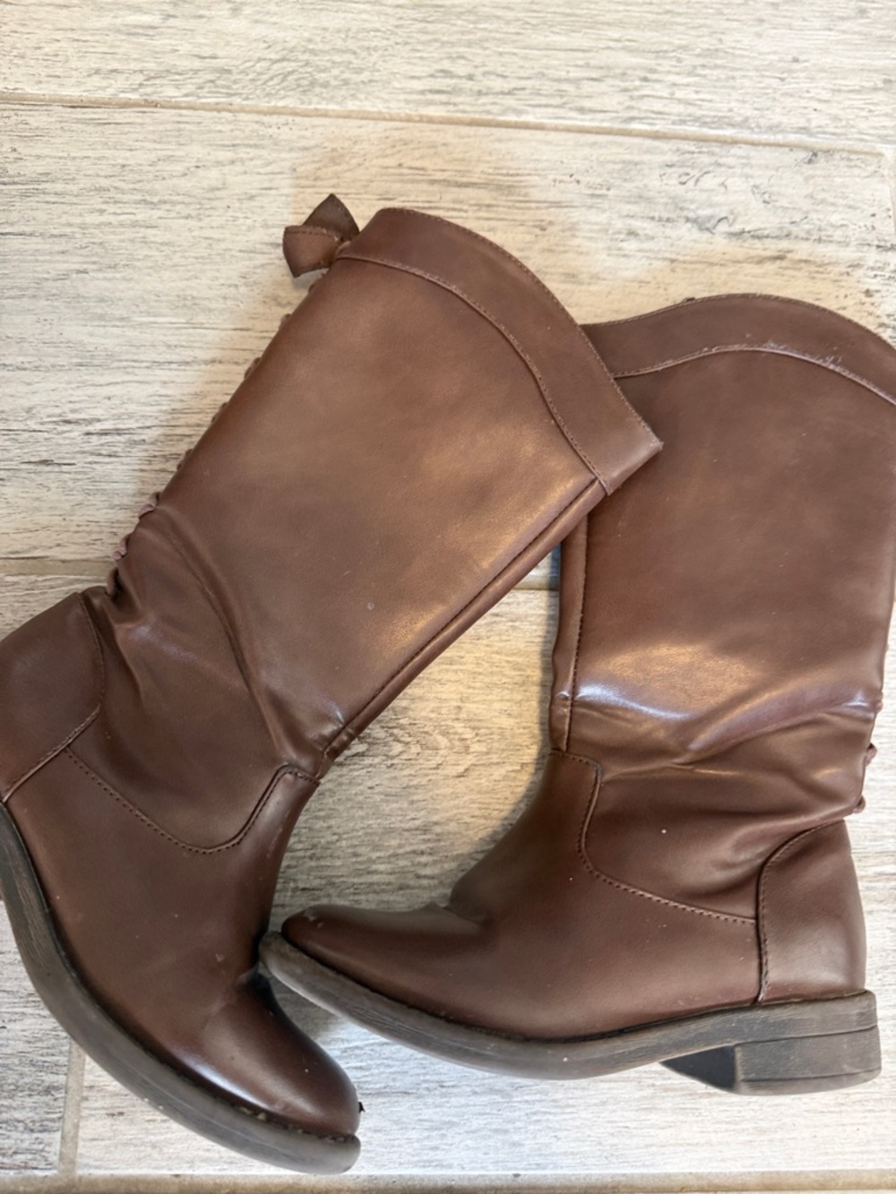 Toddler Brown Faux Leather Mid-Calf Boots with Bows Size 11